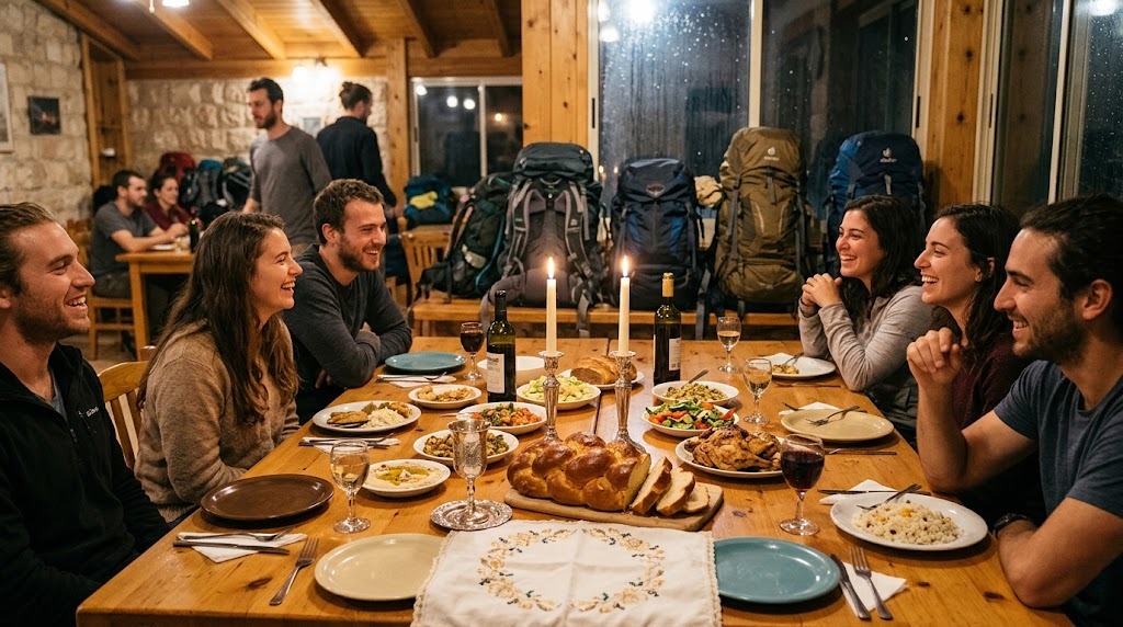 שולחן ליל שישי ערוך בבית חב״ד בדרום אמריקה, עם מטיילים יושבים סביב נרות שבת