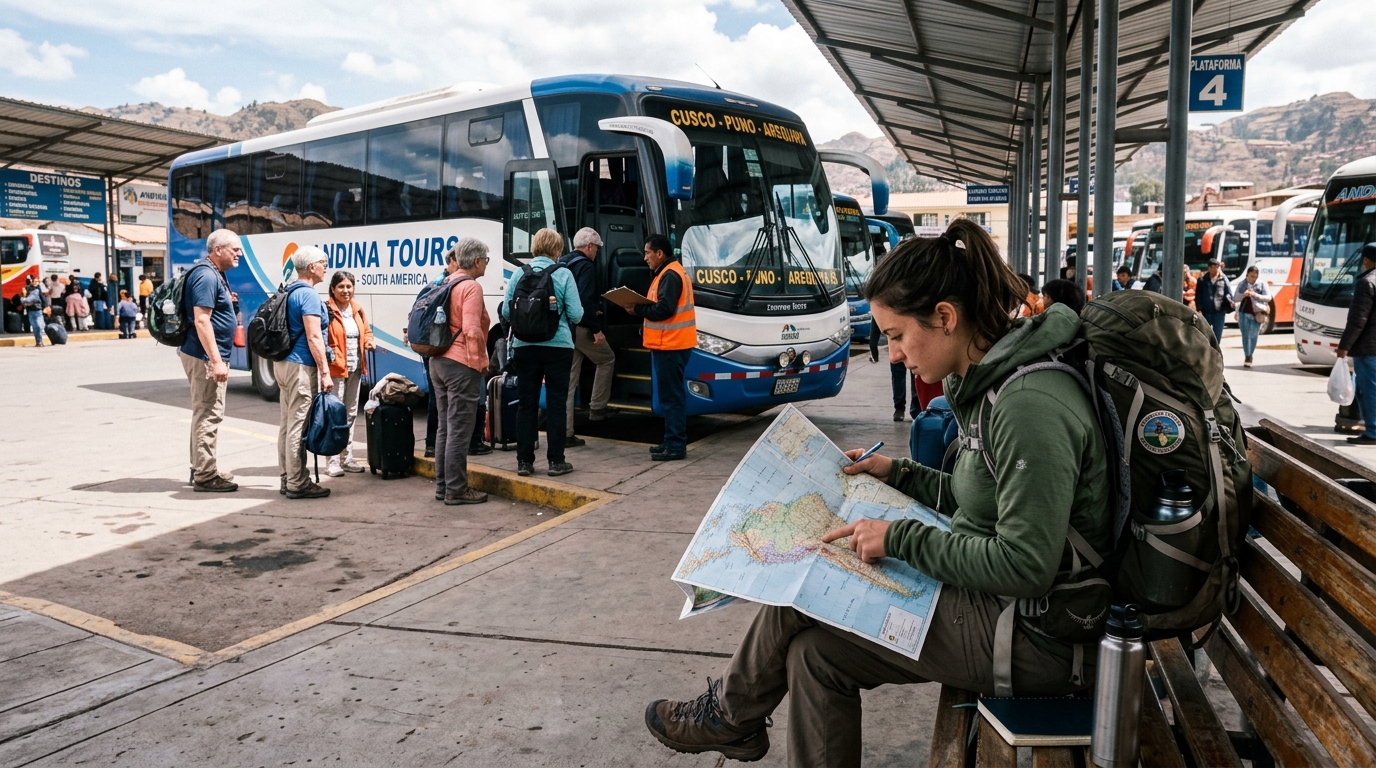 תרמילאית מסתכלת על מפת דרום אמריקה בתחנת אוטובוסים, לצד קבוצת תיירים עולה על אוטובוס מאורגן ברקע
